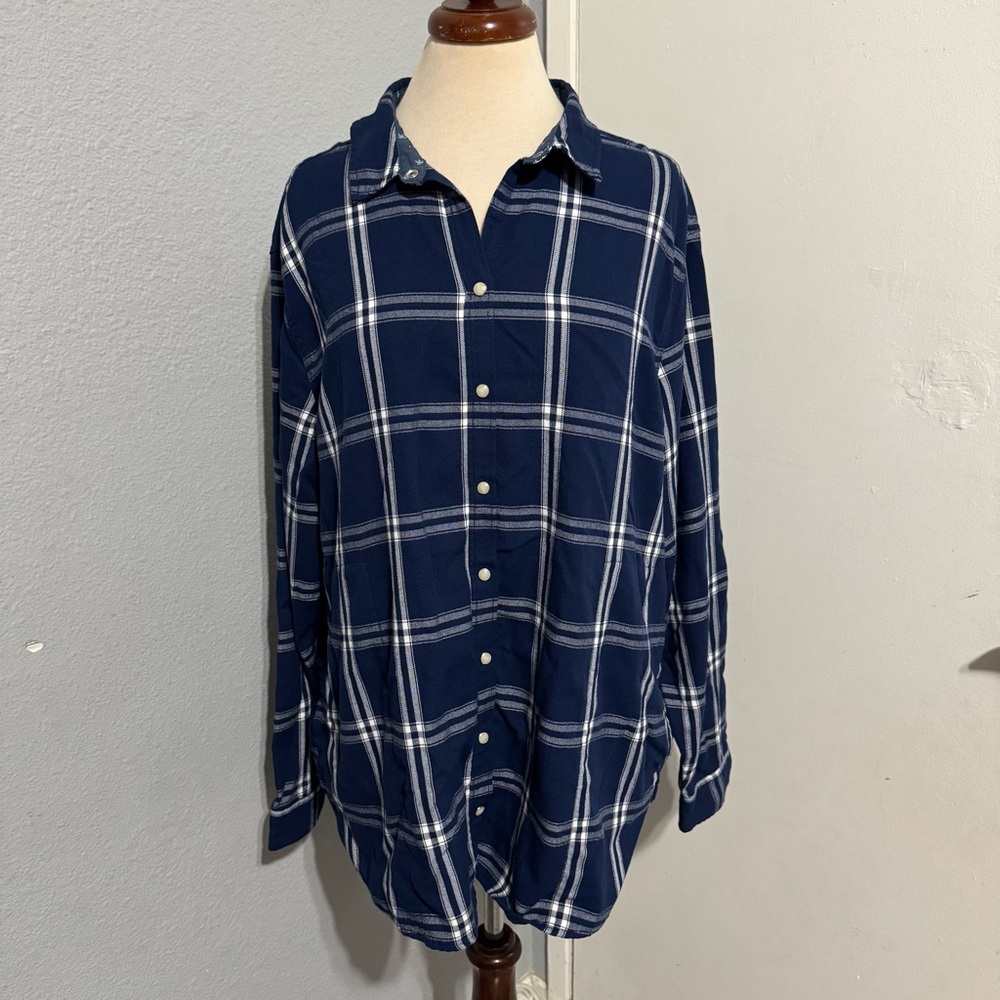 Jachs Girlfriend Plus Women Dark Blue Checkered‎ Fannel Buttondown Shirt Size 2X
